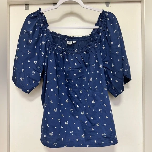 Gap Factory Oversized Squareneck Puff Sleeve Top | blue with white flowers - M - Picture 3 of 7